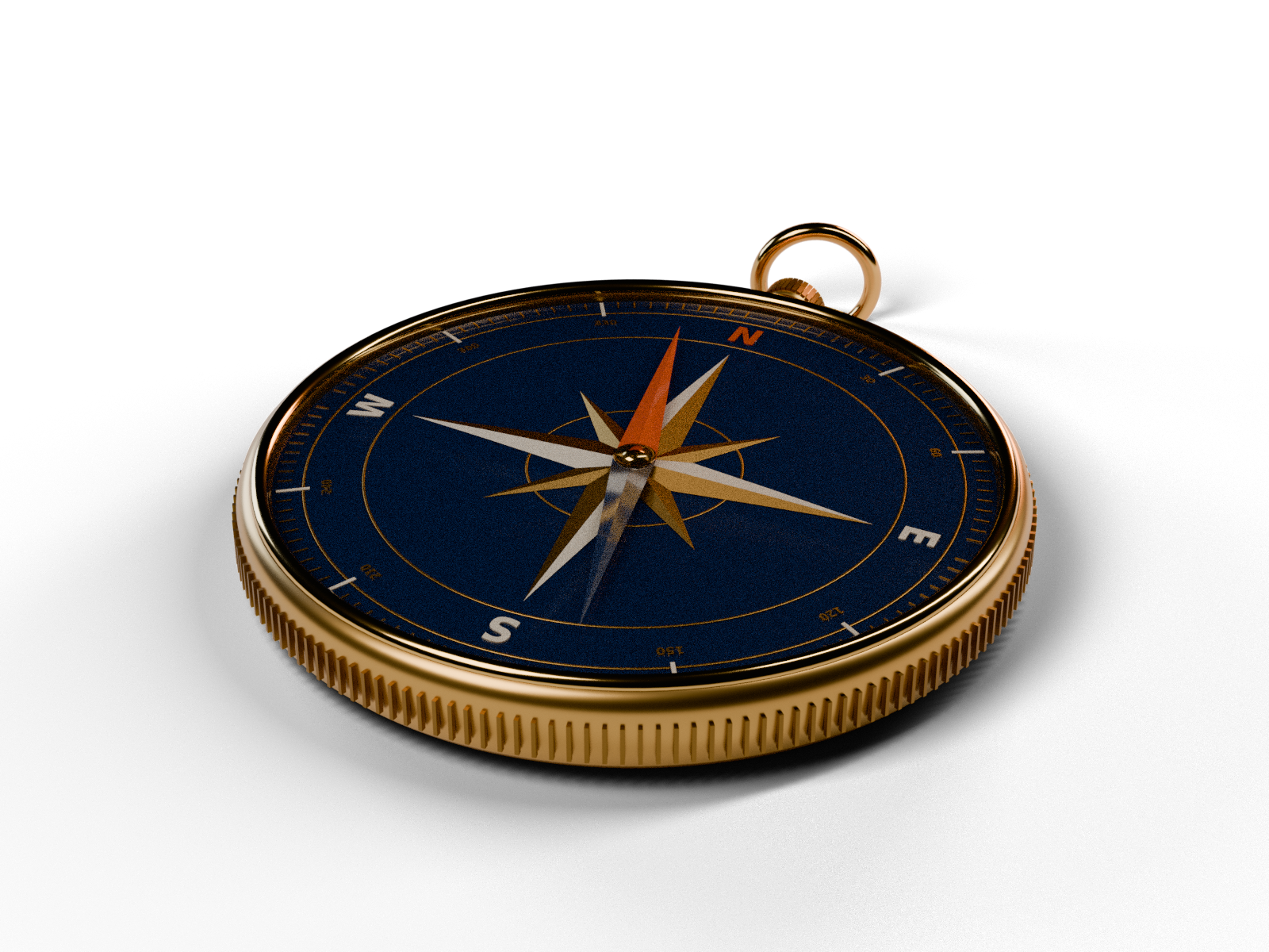 A brass pocket compass with a navy enamel dial and an orange needle pointing north